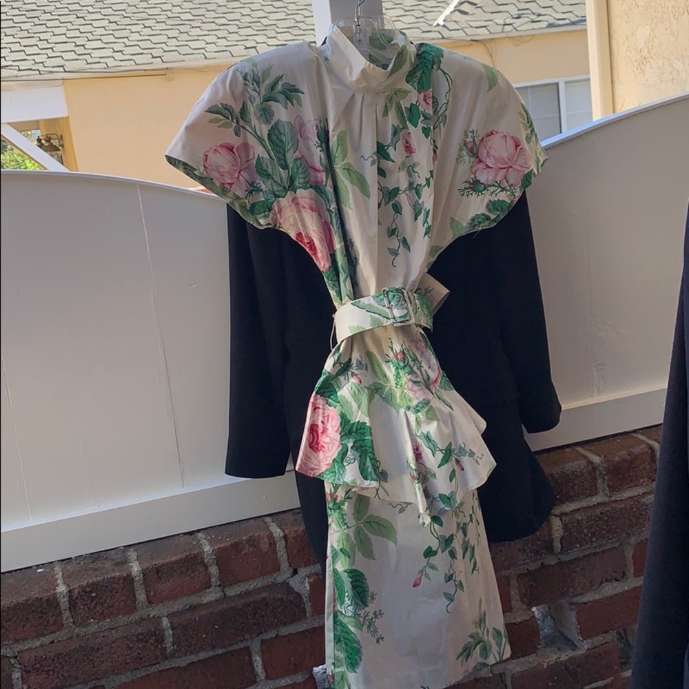 Floral dress, fitted with belt.